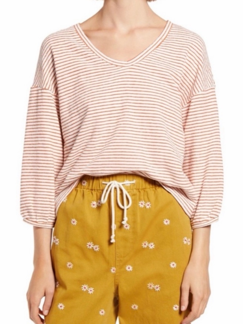 NWT Madewell Wild Ginger Bubble Sleeve Cotton Knit Striped Tee Medium